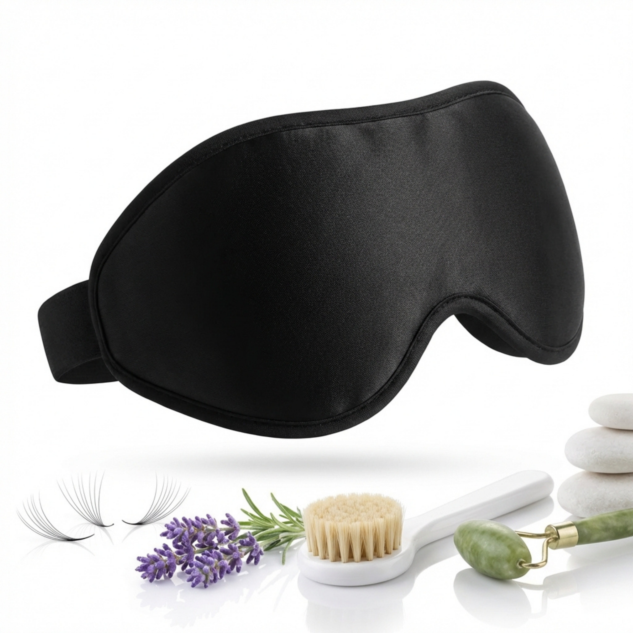 Black sleep mask on a white background with spa items.