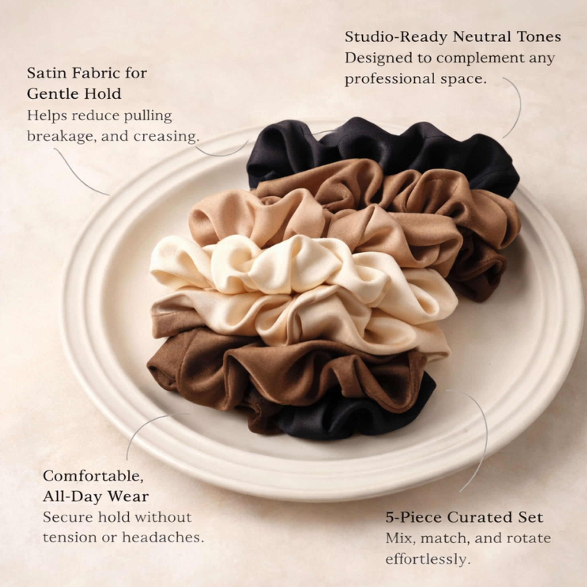 Set of five CosmoGloⓇ neutral satin scrunchies displayed together on a plain background.