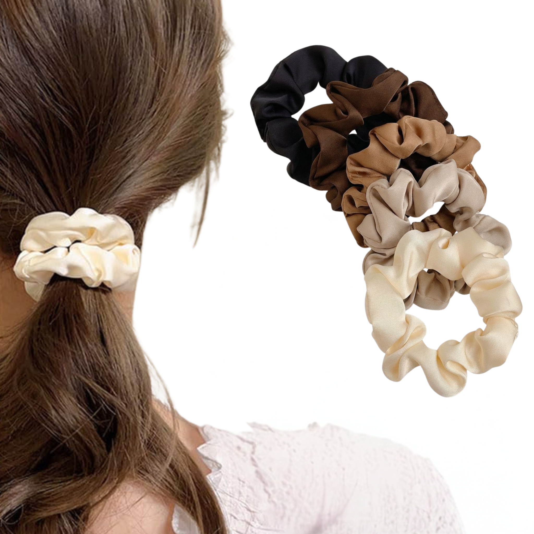 Set of five neutral satin scrunchies from CosmoGloⓇ, showcasing soft fabric and versatile hair accessory for casual or elegant styles.
