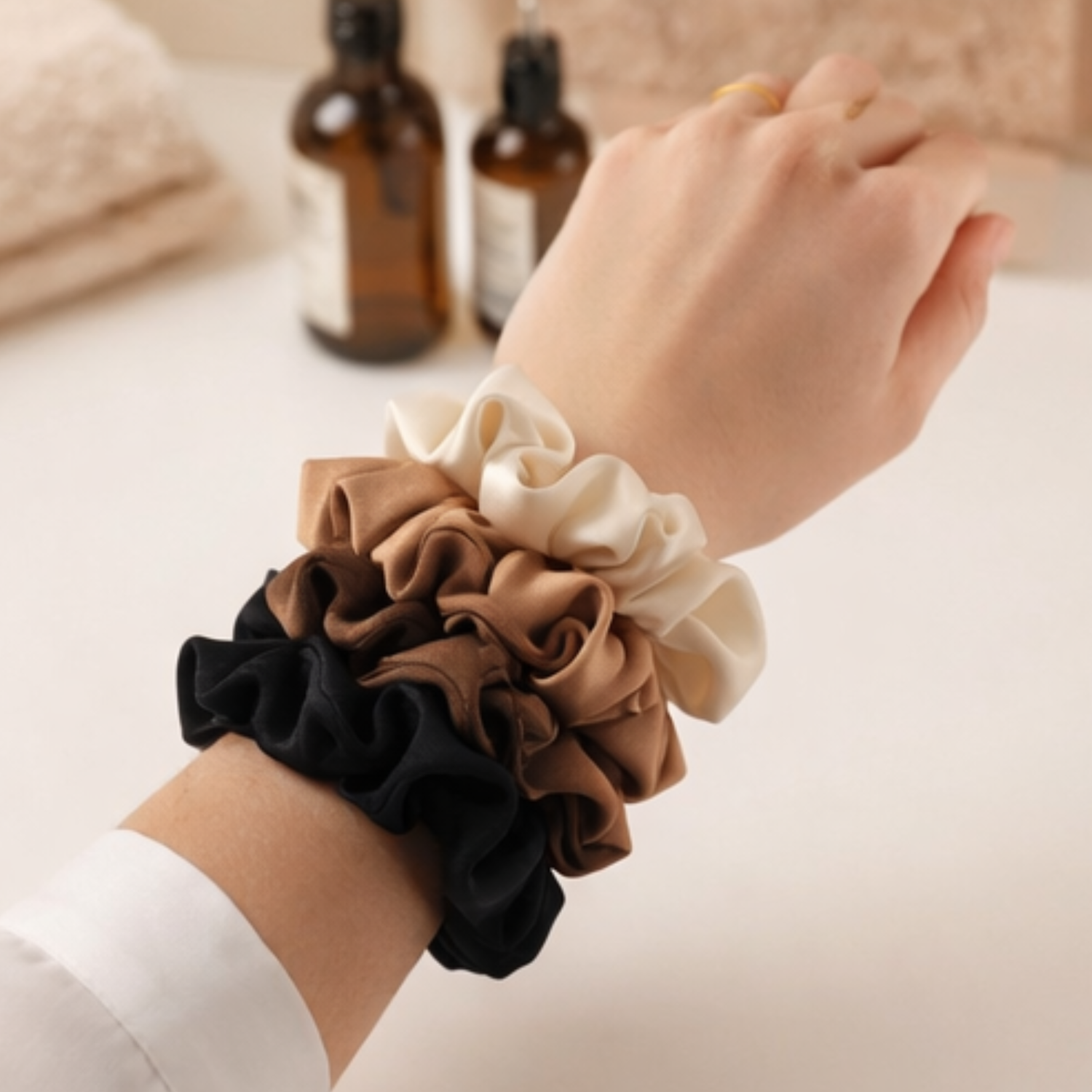 CosmoGlo Neutral Satin Scrunchie Set (5-Piece)