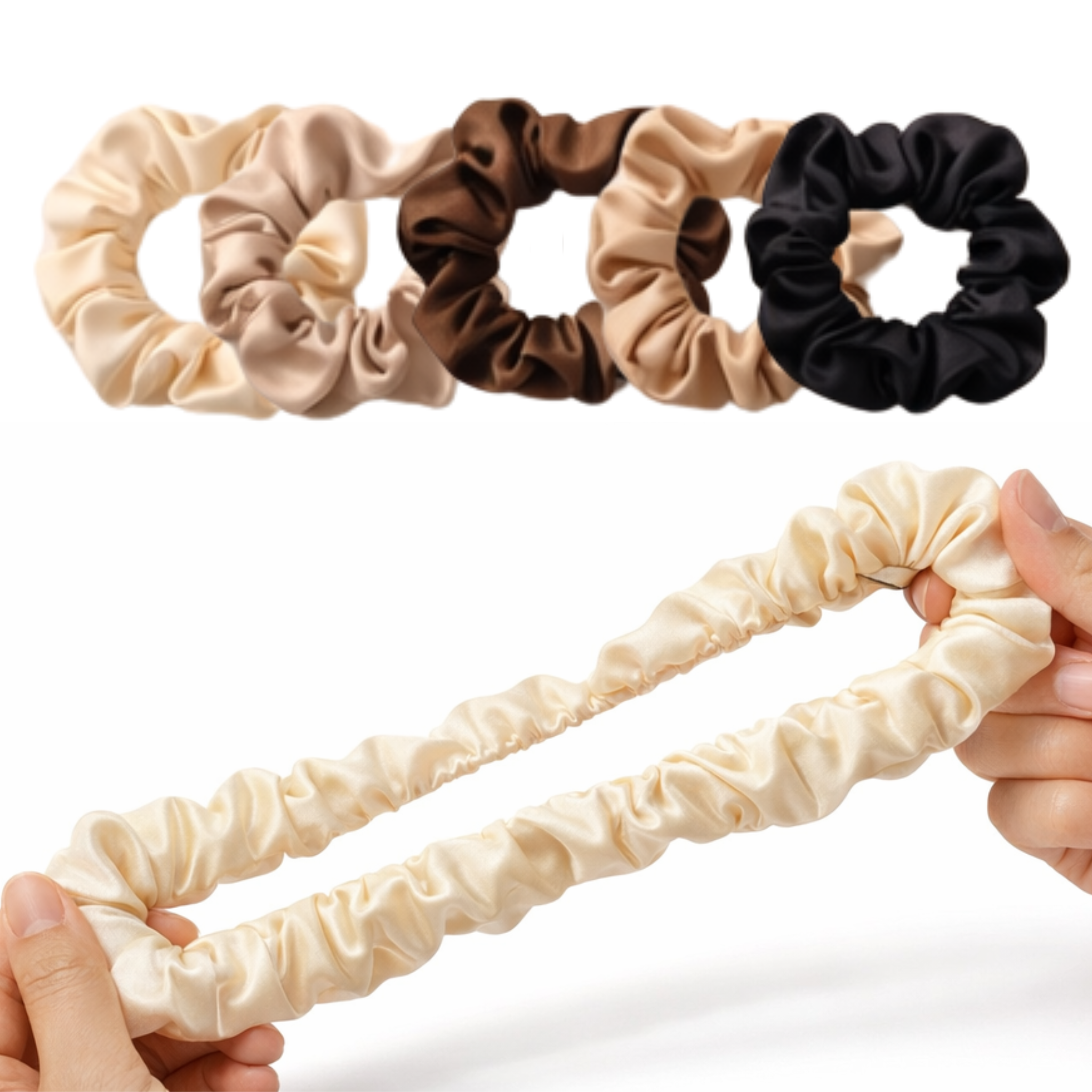 Set of five CosmoGloⓇ neutral satin scrunchies, soft and smooth hair accessories in various neutral shades.