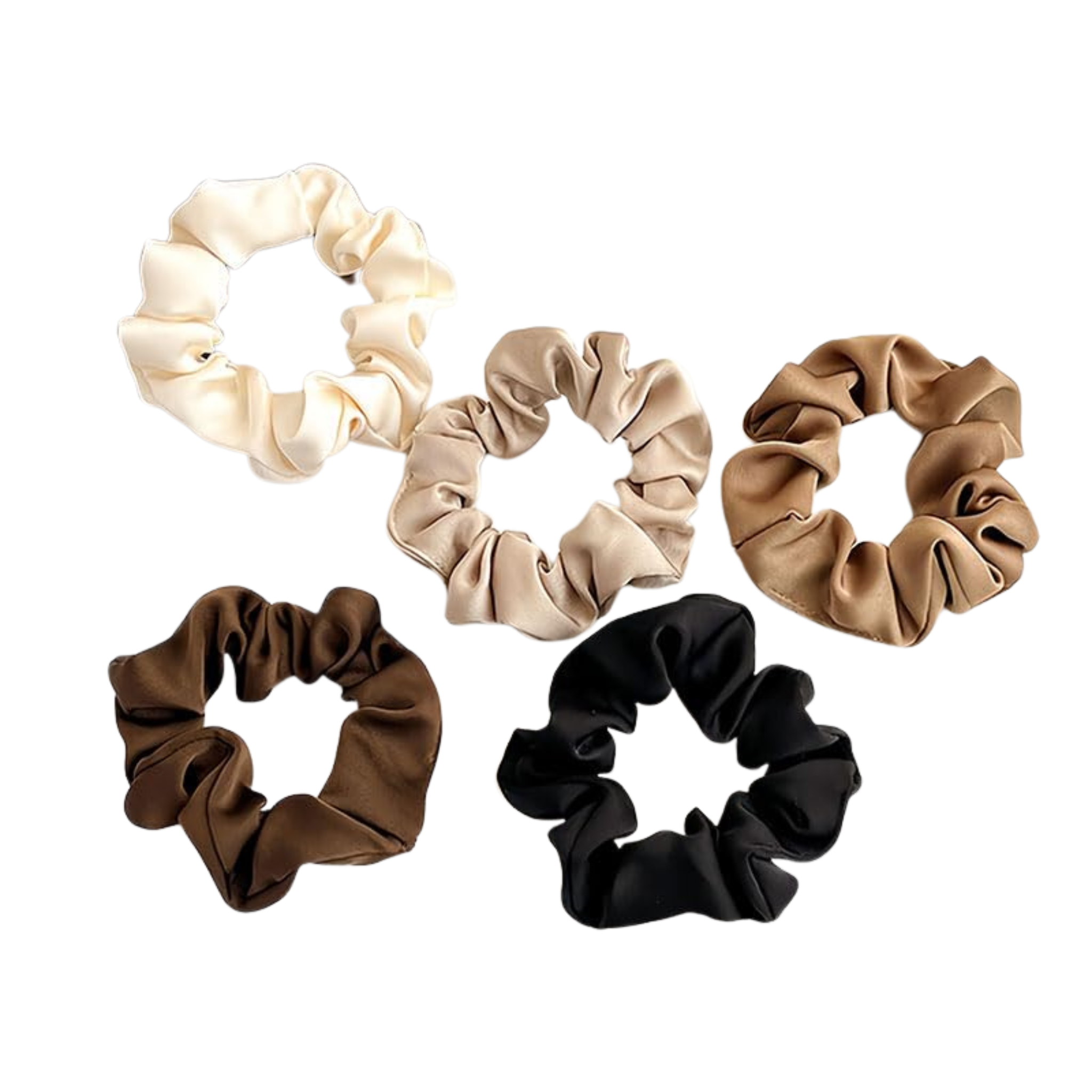 Set of five neutral satin scrunchies from CosmoGloⓇ, featuring soft, smooth fabric in beige, gray, and taupe shades.