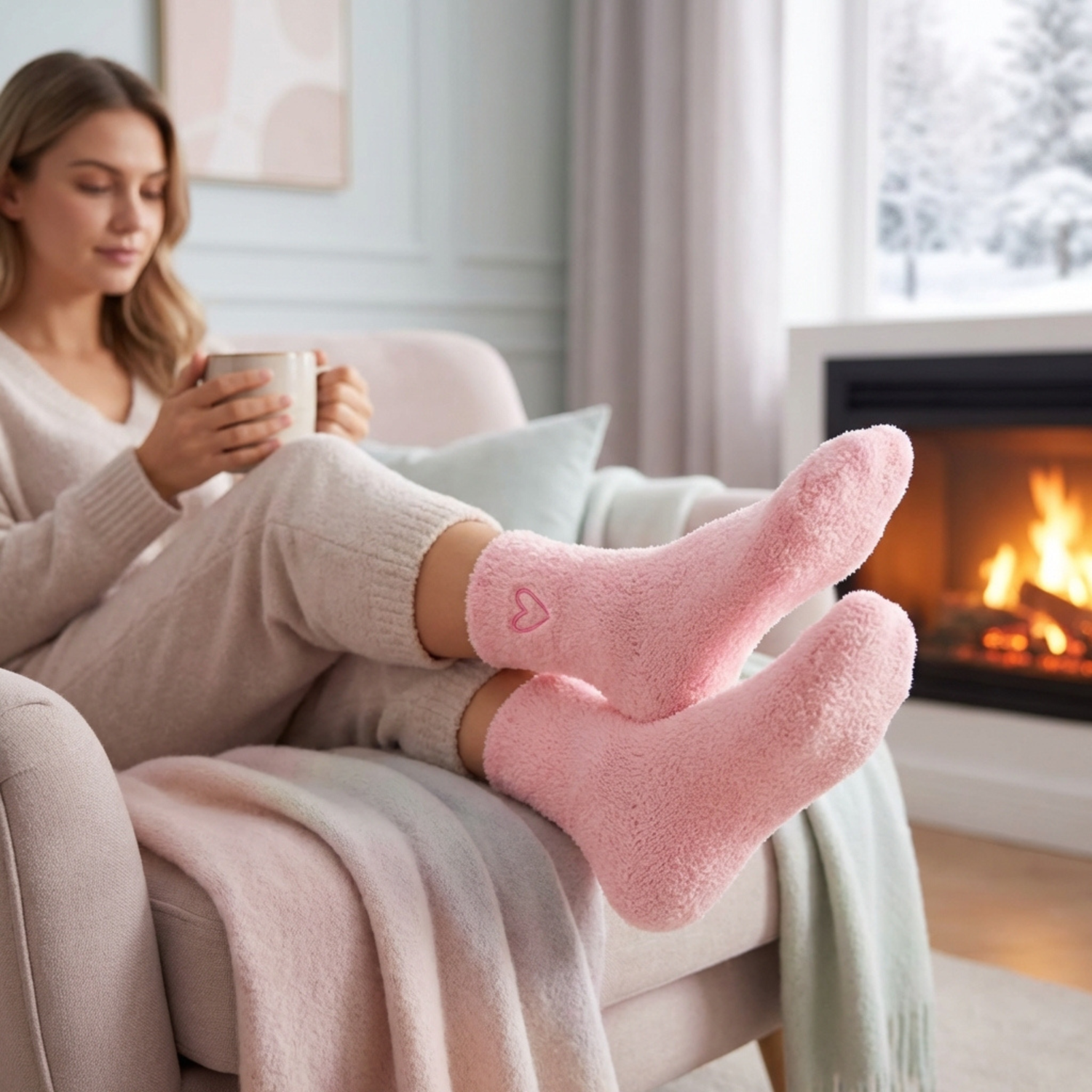 Woman in pink socks sitting by a fireplace holding a mug