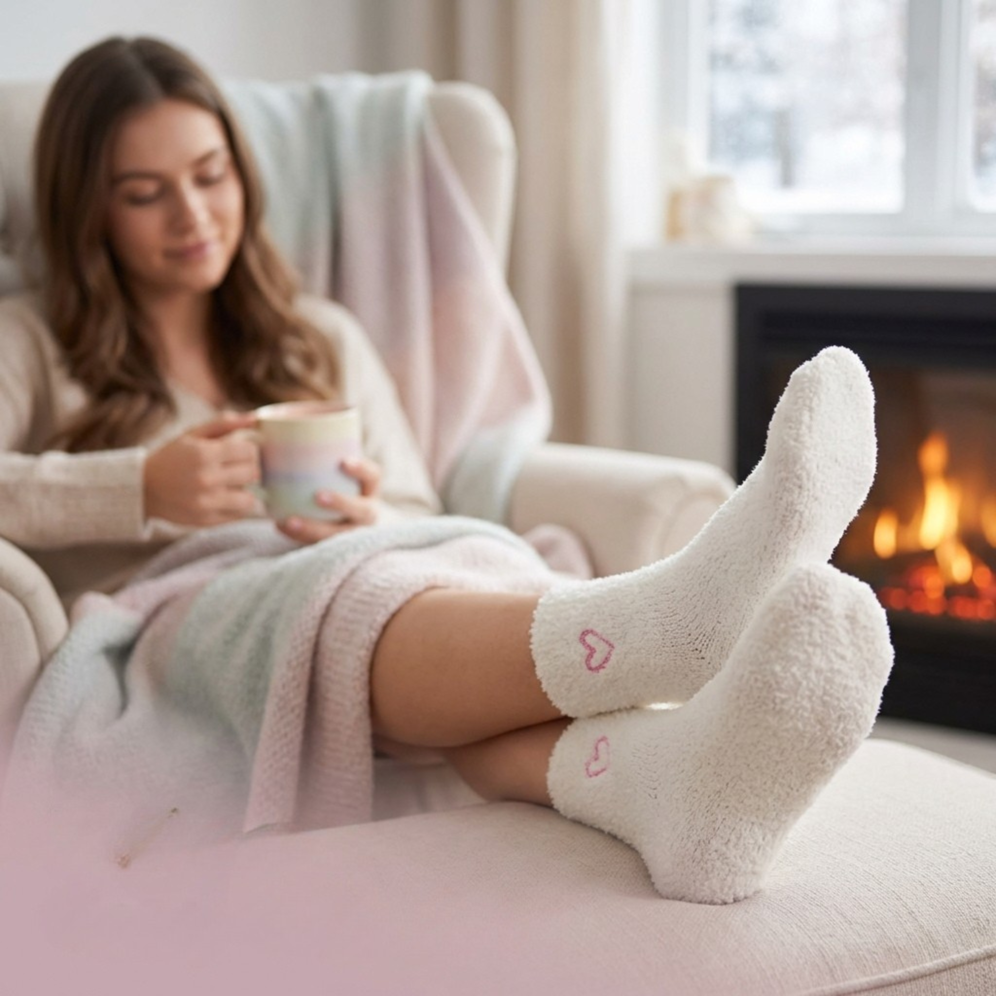Woman in a cozy setting with a cup, wearing white socks with pink hearts.