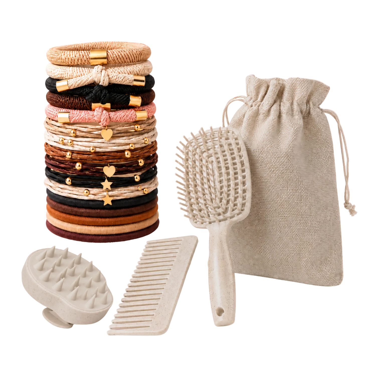 Set of hair accessories including hair ties, a brush, comb, and pouch on a white background