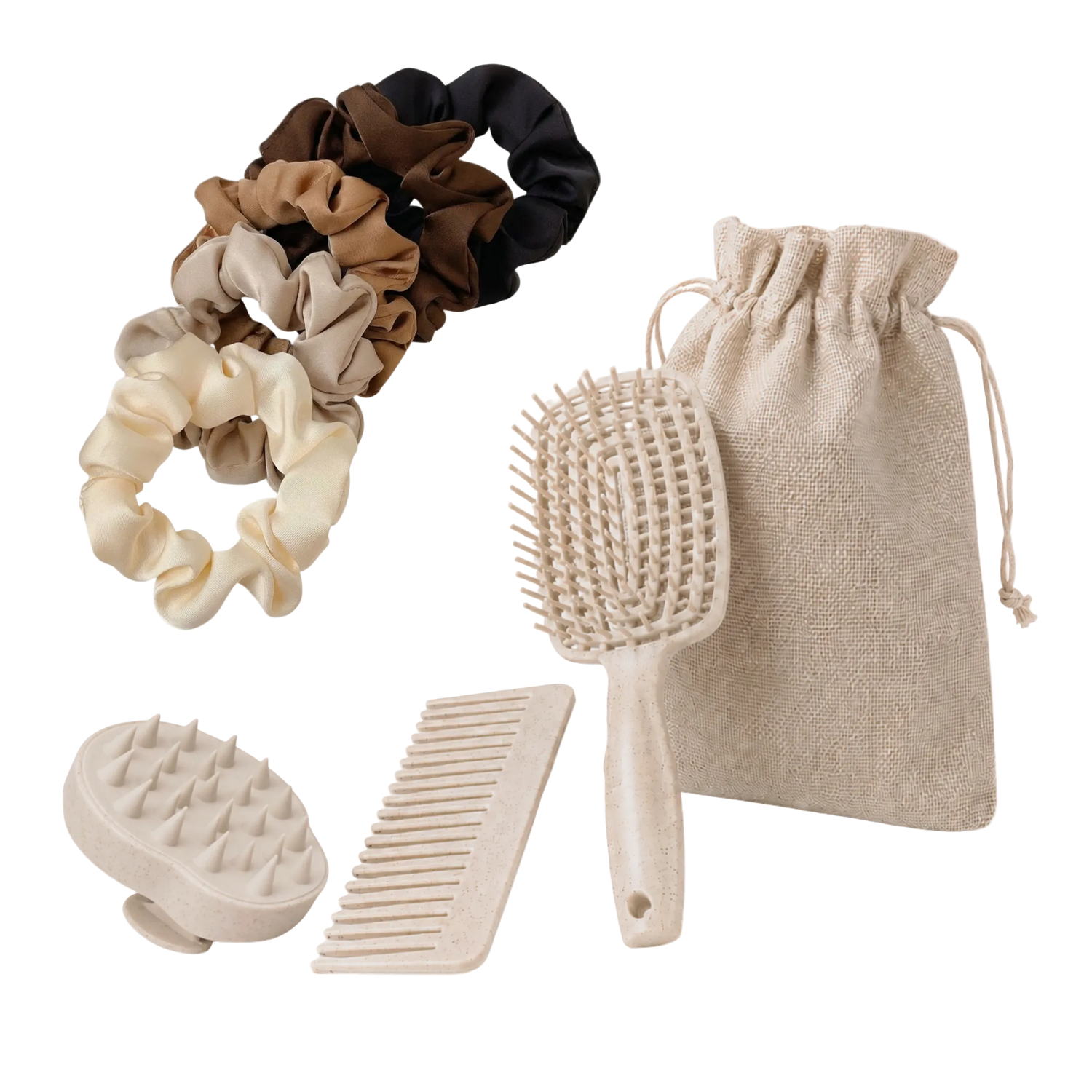 Set of hair care products including scrunchies, a brush, and a comb on a white background.