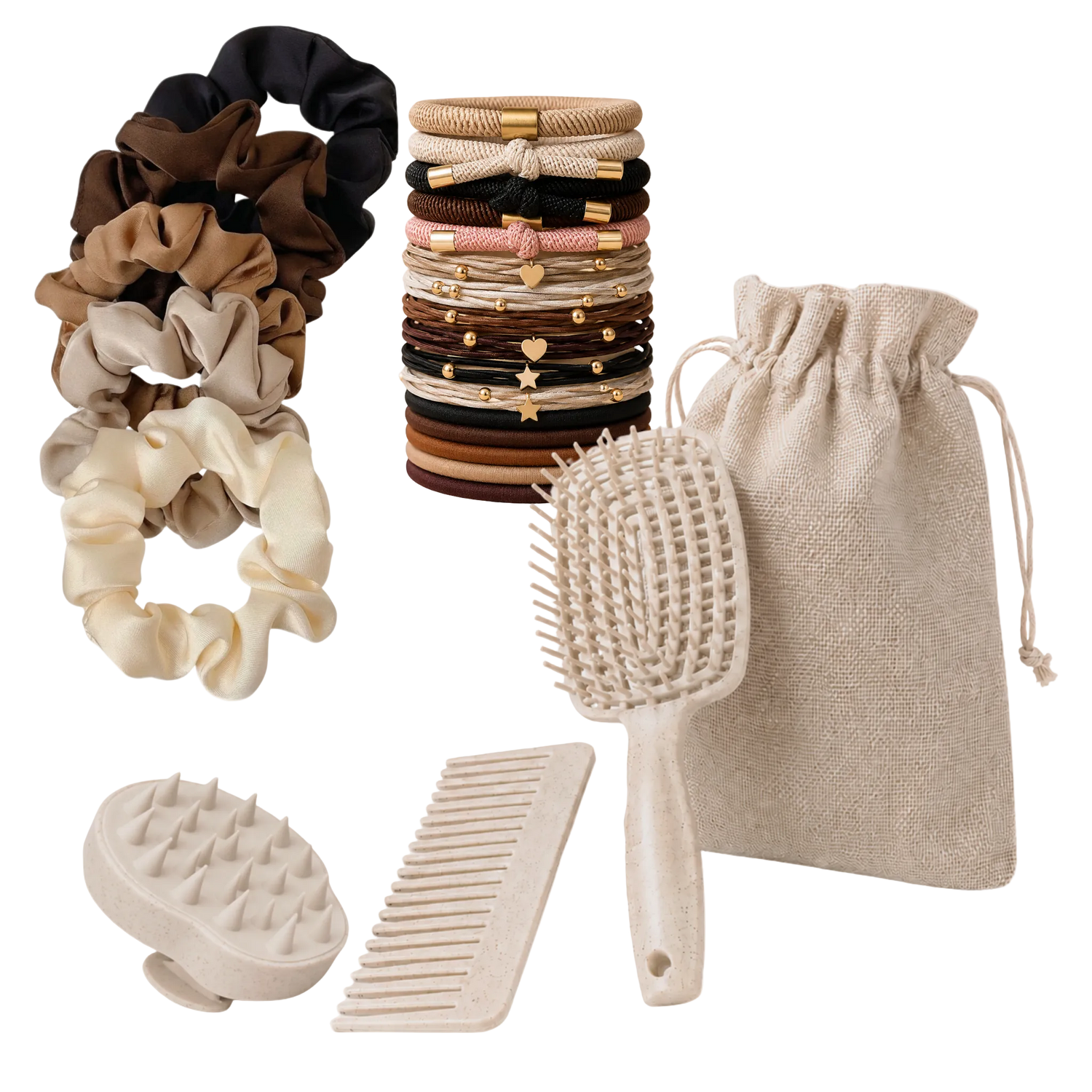 Set of hair care products including scrunchies, hair ties, a brush, and a comb on a white background.