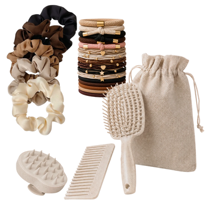 Set of hair care products including scrunchies, hair ties, a brush, and a comb on a white background.