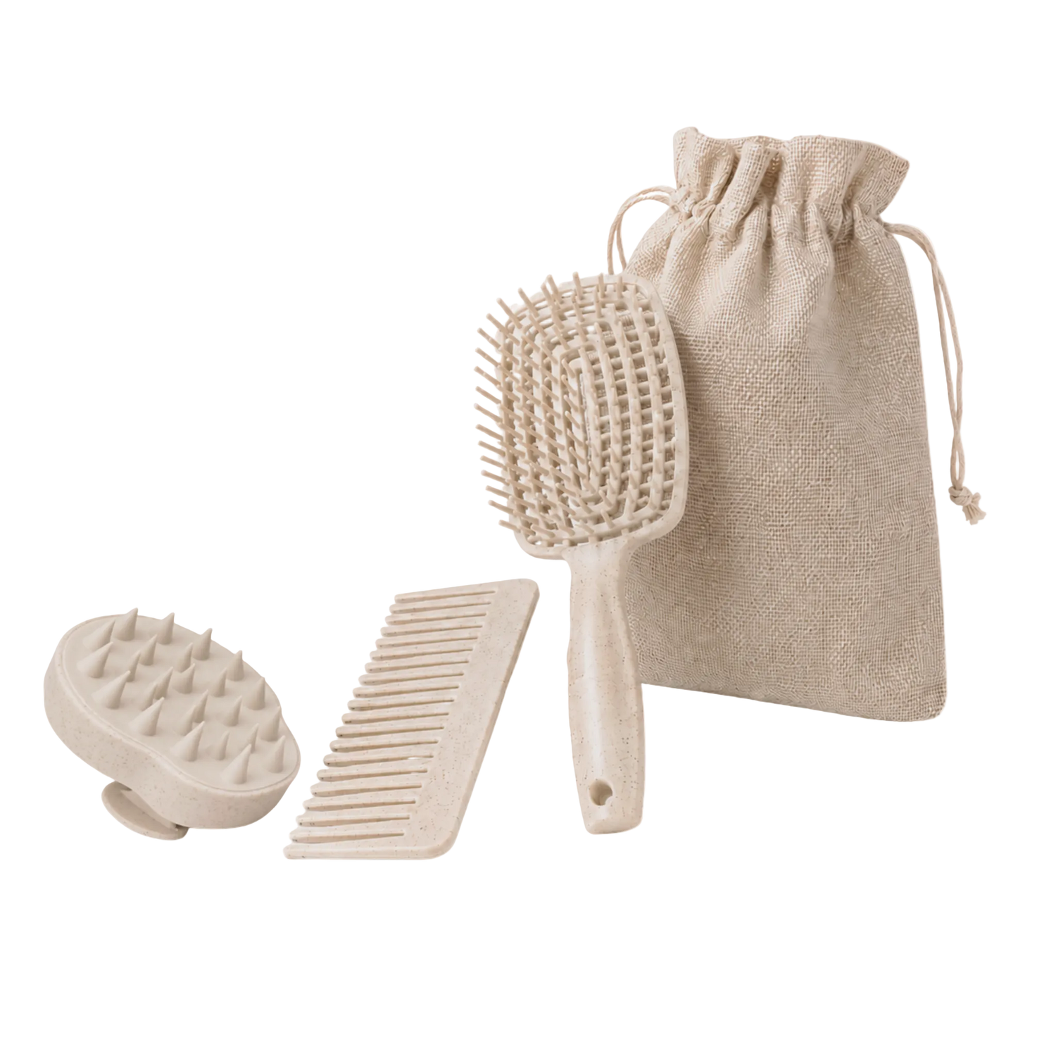 Set of beige hair care tools including a brush, comb, and scrubber with a drawstring bag on a white background.