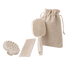 Set of beige hair care tools including a brush, comb, and scrubber with a drawstring bag on a white background.