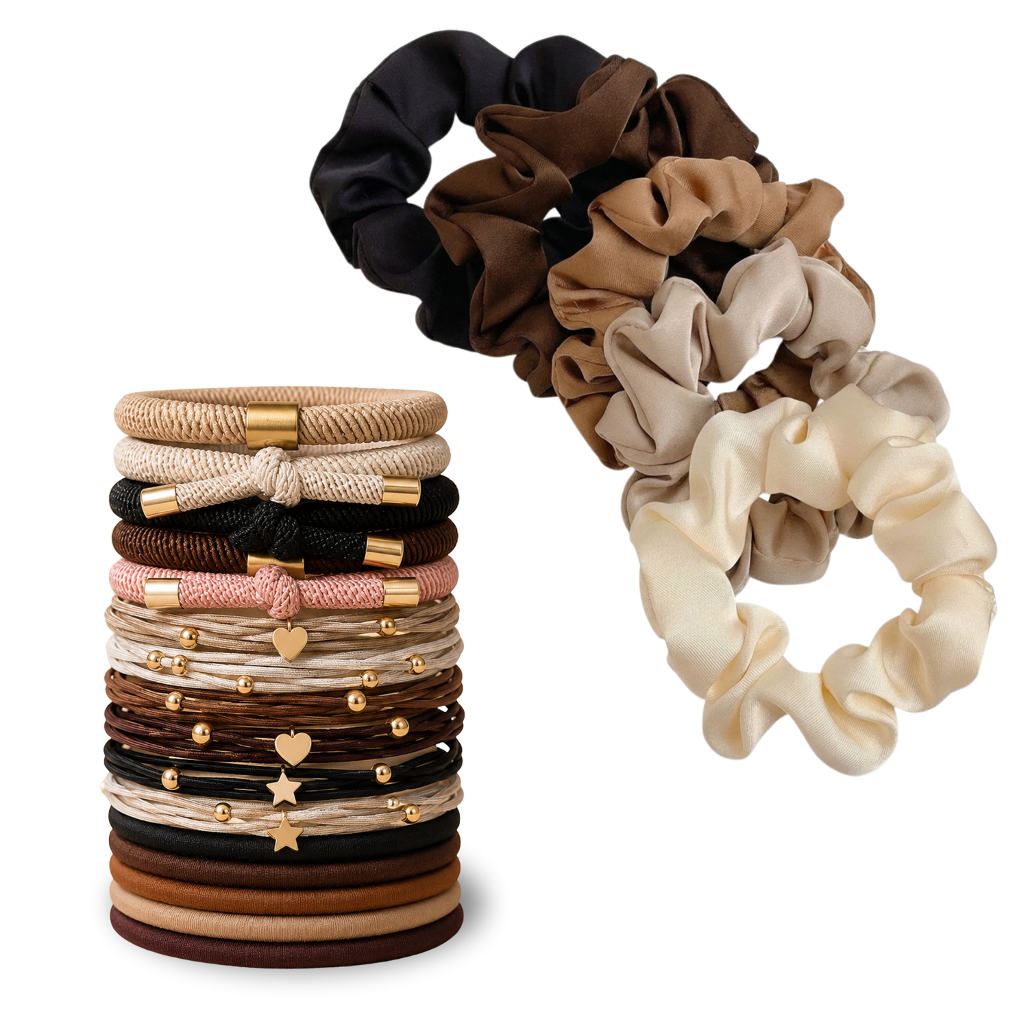 Set of scrunchies and hair ties with decorative elements on a white background