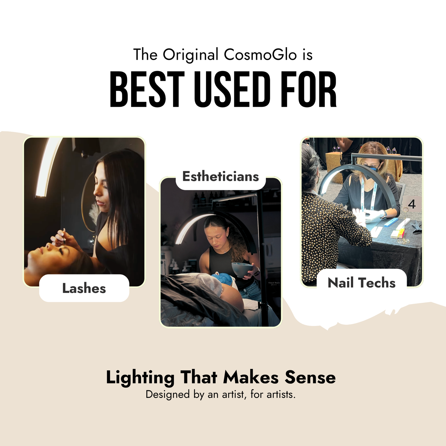 CosmoGlo product advertisement with images of people using it for lashes, estheticians, and nail technicians.