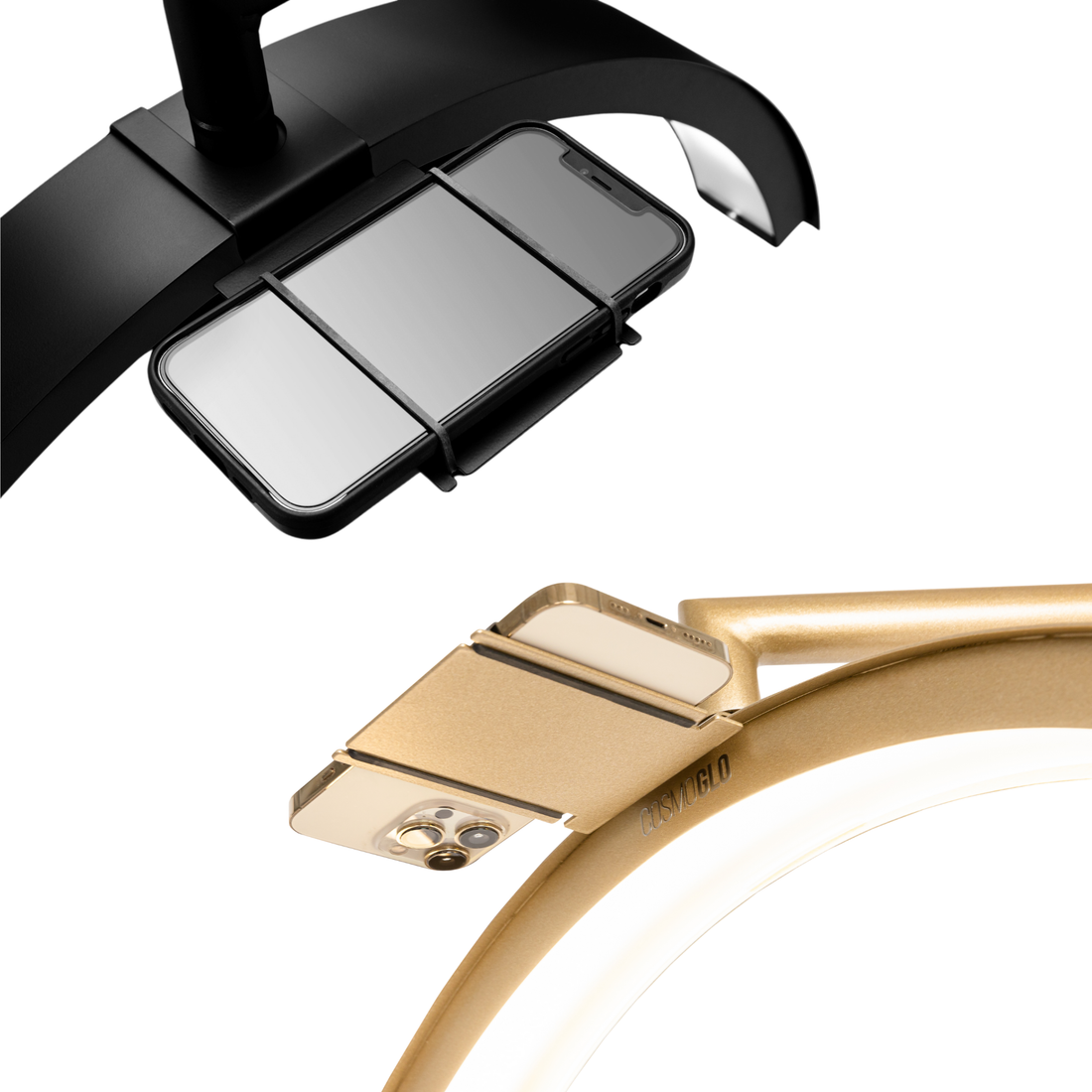 CosmoGlo Phone Clip parts showing a small, black plastic clip with metal components designed for phone attachment.