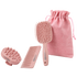 Pink hair care set including a wide-tooth comb, a silicone scalp massager, and a pink drawstring pouch, all on a white background.