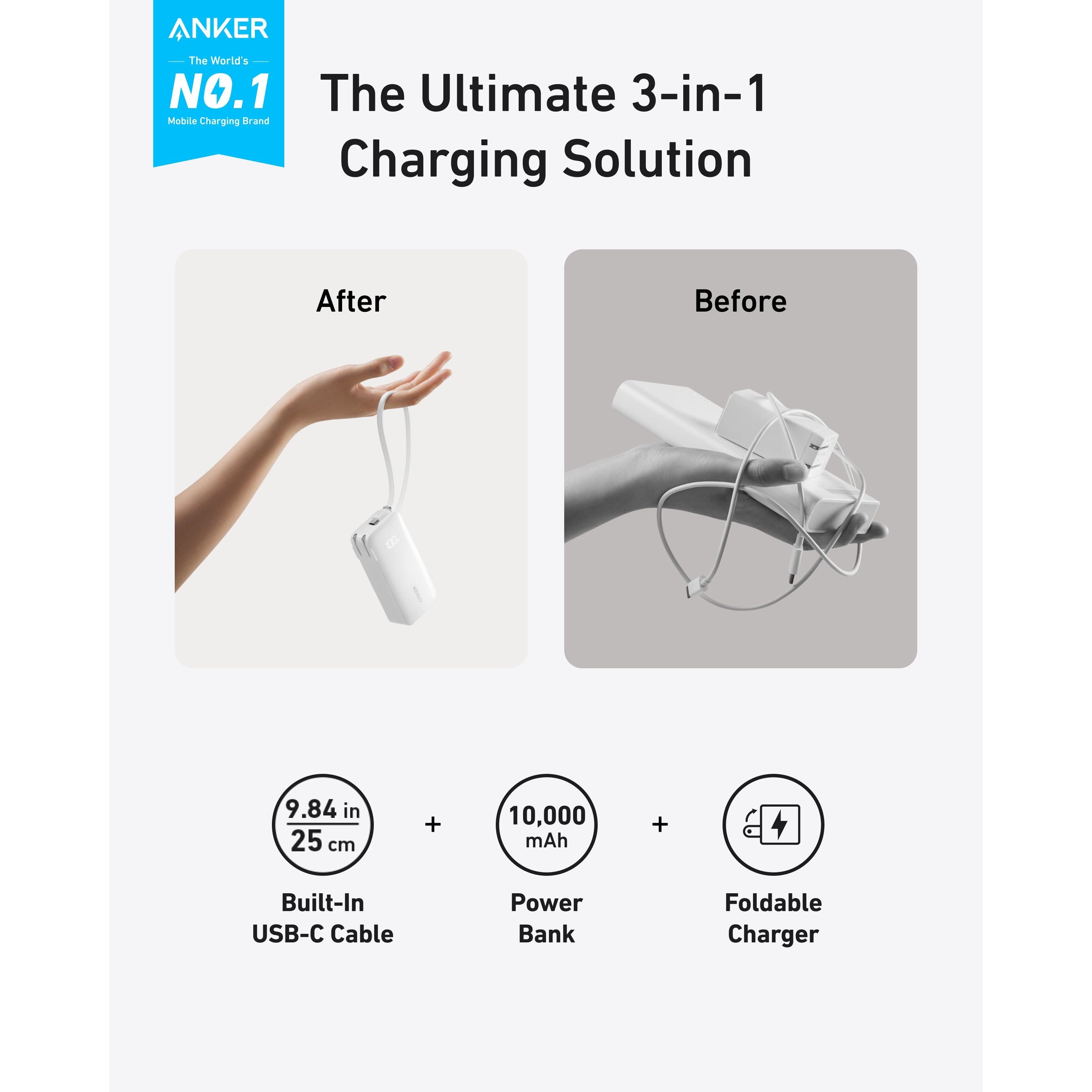 Anker Power Bank 10K Fusion with built-in cable, compact portable charger for smartphones and devices, black color.