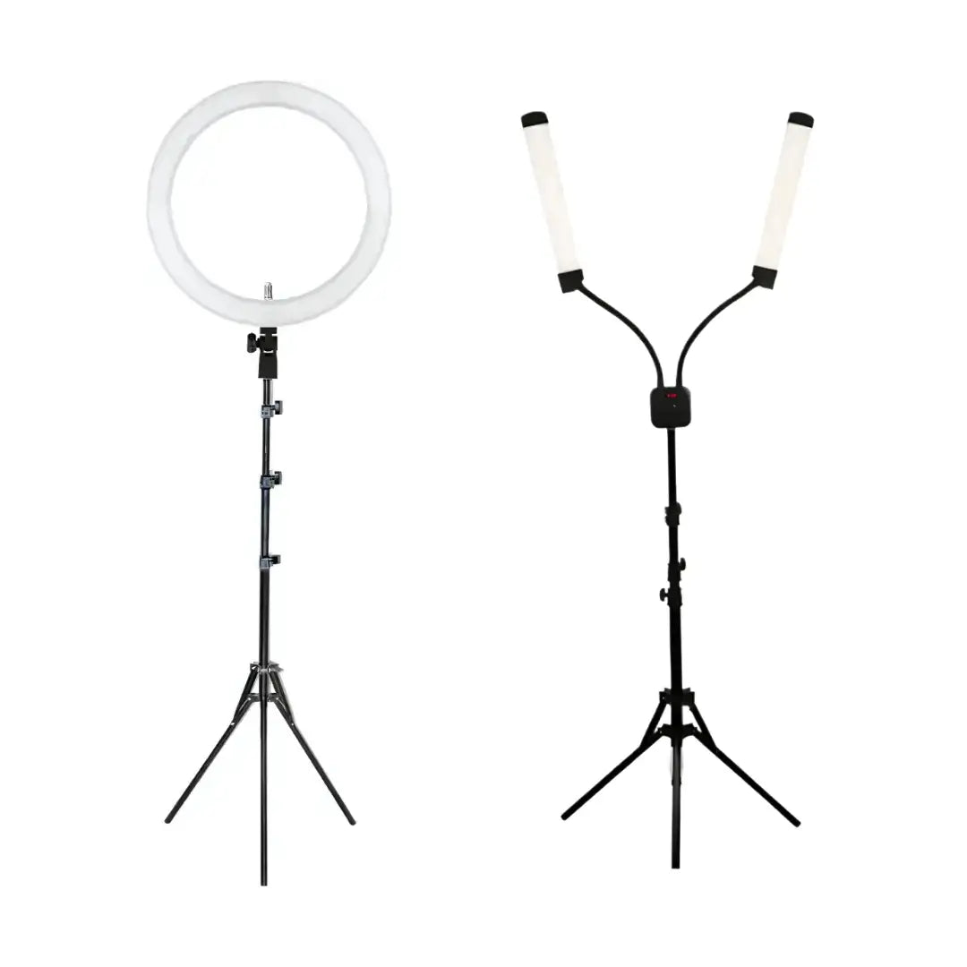 Two LED ring lights with stands on a white background