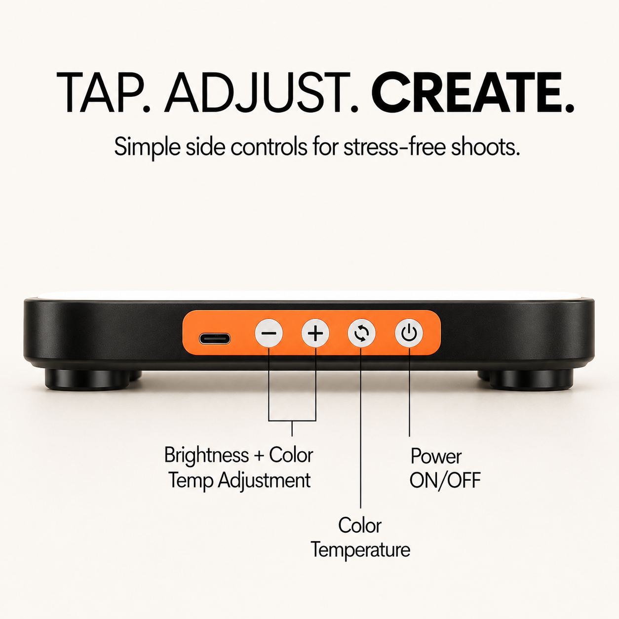A black rectangular electronic device with an orange side control panel, shown from the back on a light beige background. Large text at the top reads &