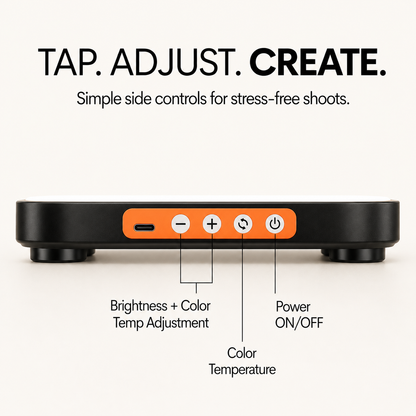 A black rectangular electronic device with an orange side control panel, shown from the back on a light beige background. Large text at the top reads &