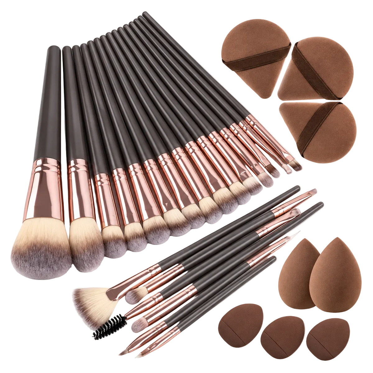 A 20-piece makeup brush set with black handles, rose gold ferrules, and dual-toned bristles, shown alongside four brown makeup sponges on a white background.