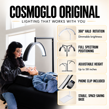 Cosmoglo Original LED facial therapy lamp shown in use with a person lying on a treatment bed while another person applies skincare. The image includes feature callouts: 360° halo rotation, full spectrum positioning, adjustable height up to 58 inches, phone clip included, and stable space-saving base.