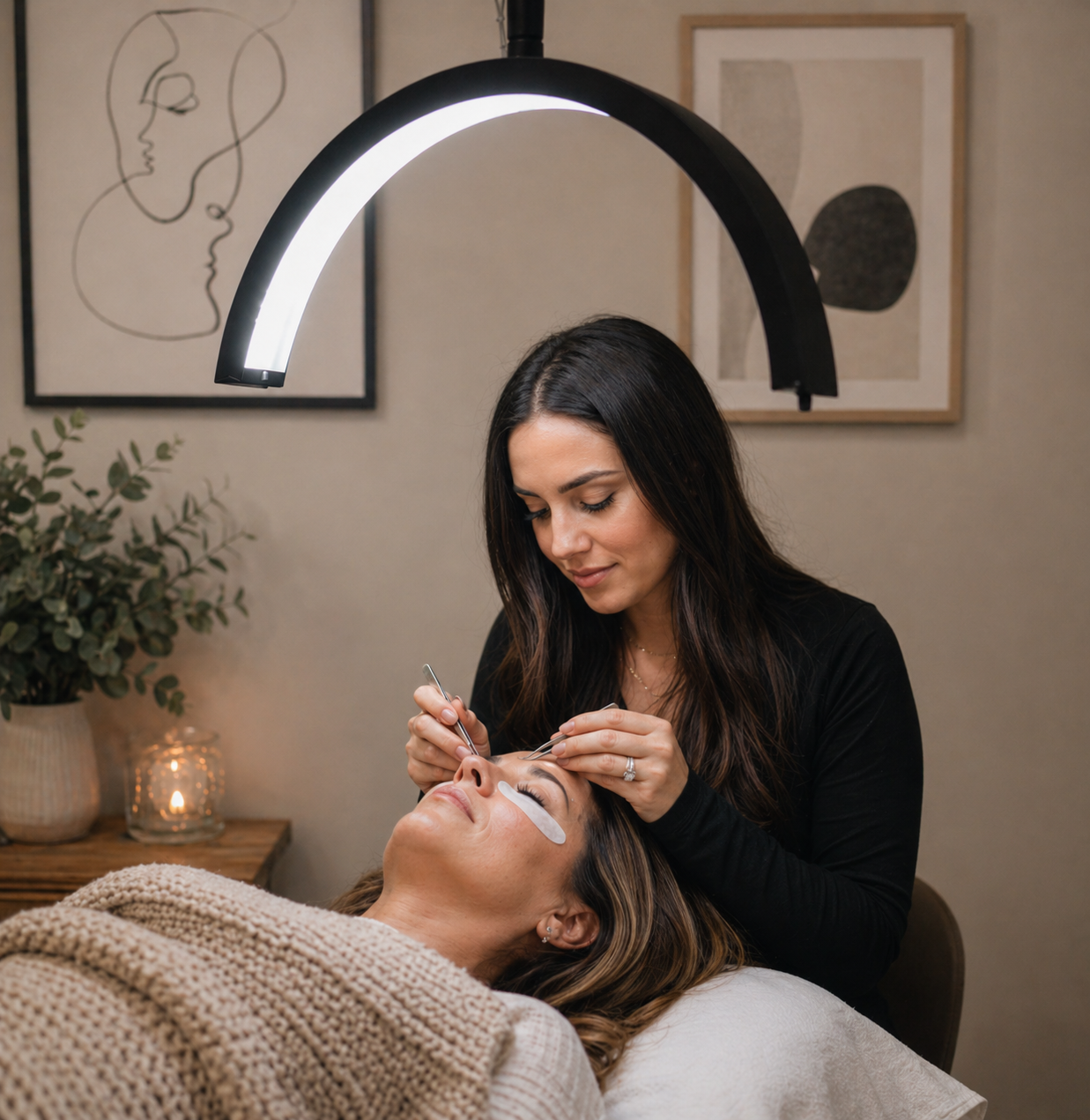 lash artist using cosmoglow light for lash extensions