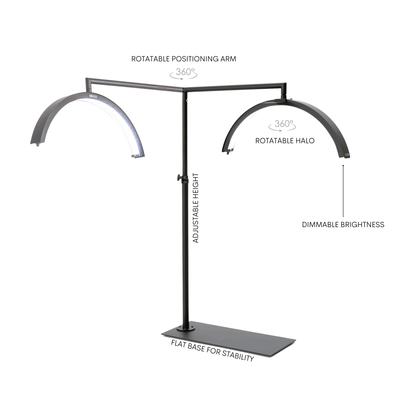 LED stand with features labeled on a white background