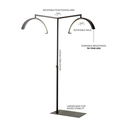 Lamp stand with labeled features on a white background