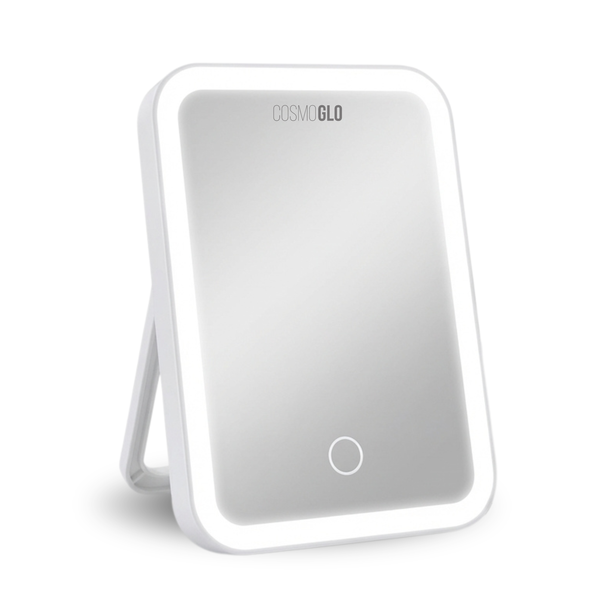 CosmoGlo LED Light Up Mirror with built-in illumination, sleek accessories mirror for makeup and grooming.