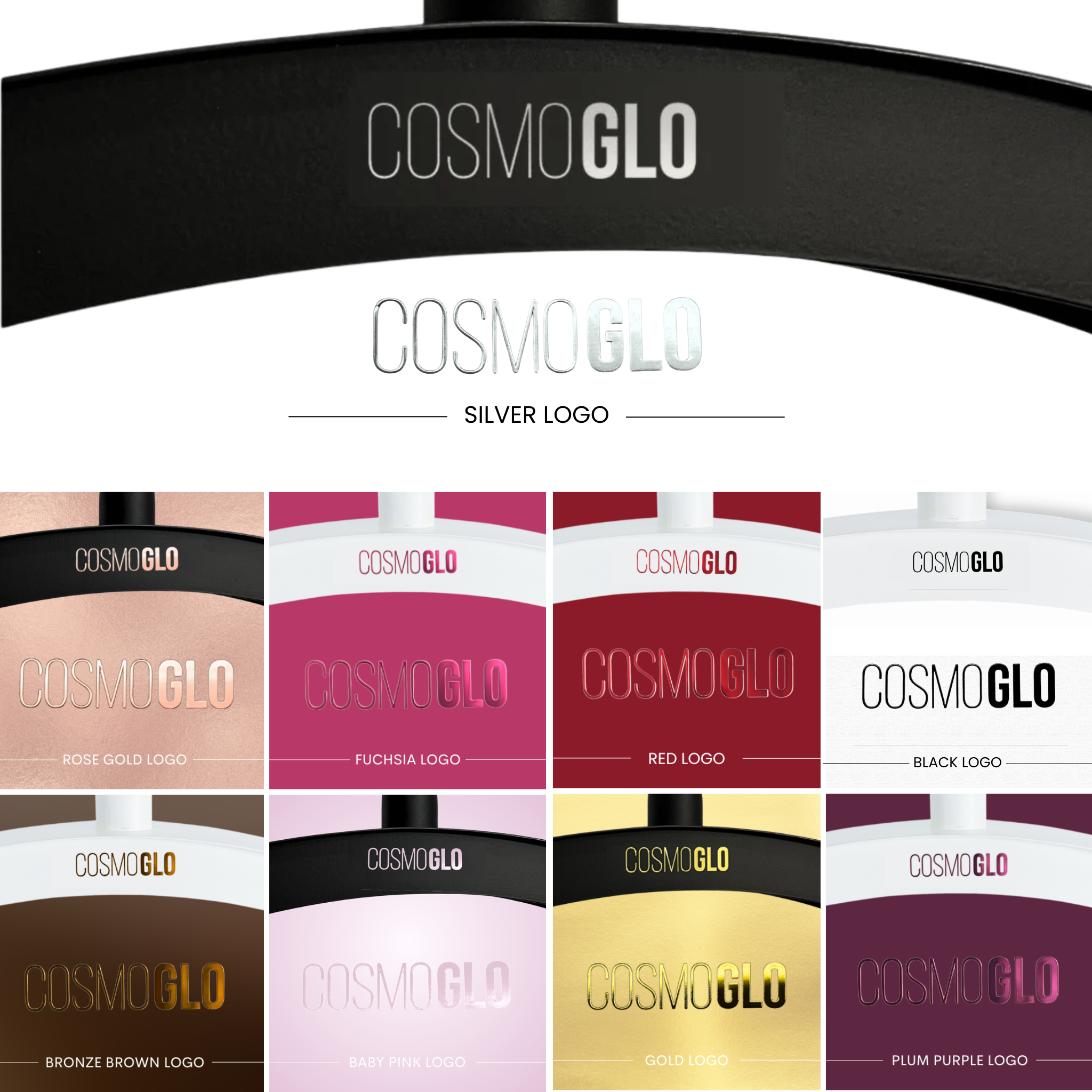 Set of four colorful CosmoGlo logo decals, versatile accessories with vibrant designs, ideal for personalizing items or crafts.