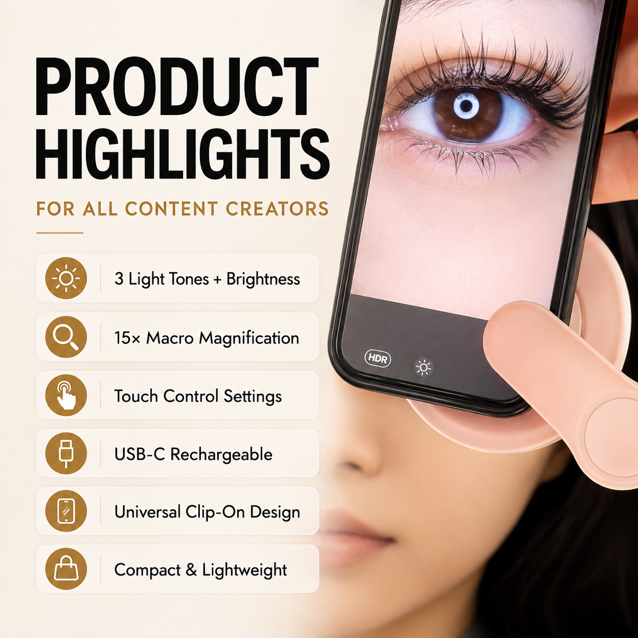 CosmoGlo Mini Ring Light Macro Lens accessory for enhanced close-up photography with a compact ring light and macro lens.