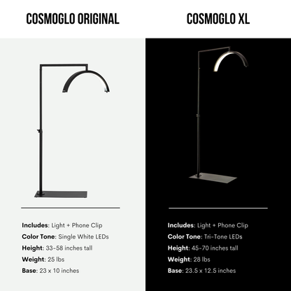 Comparison of Cosmoglo Original and XL floor lamps with specifications listed.