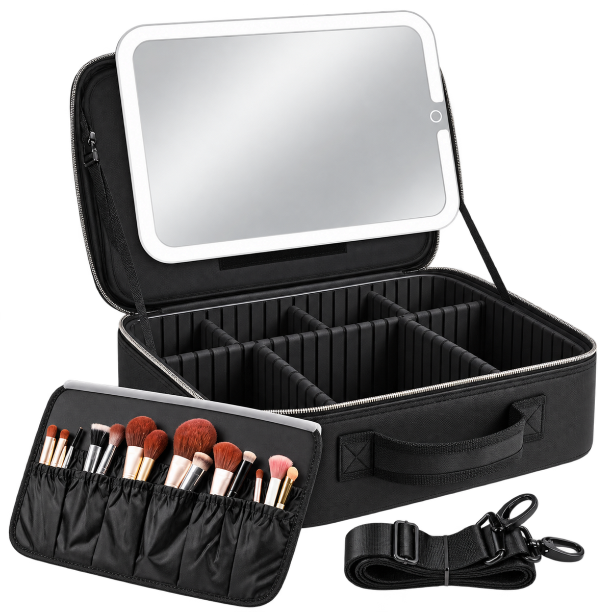 Black makeup case with an integrated LED light mirror, shown open with interior compartments, a brush holder with makeup brushes, and a detachable shoulder strap on a white background.