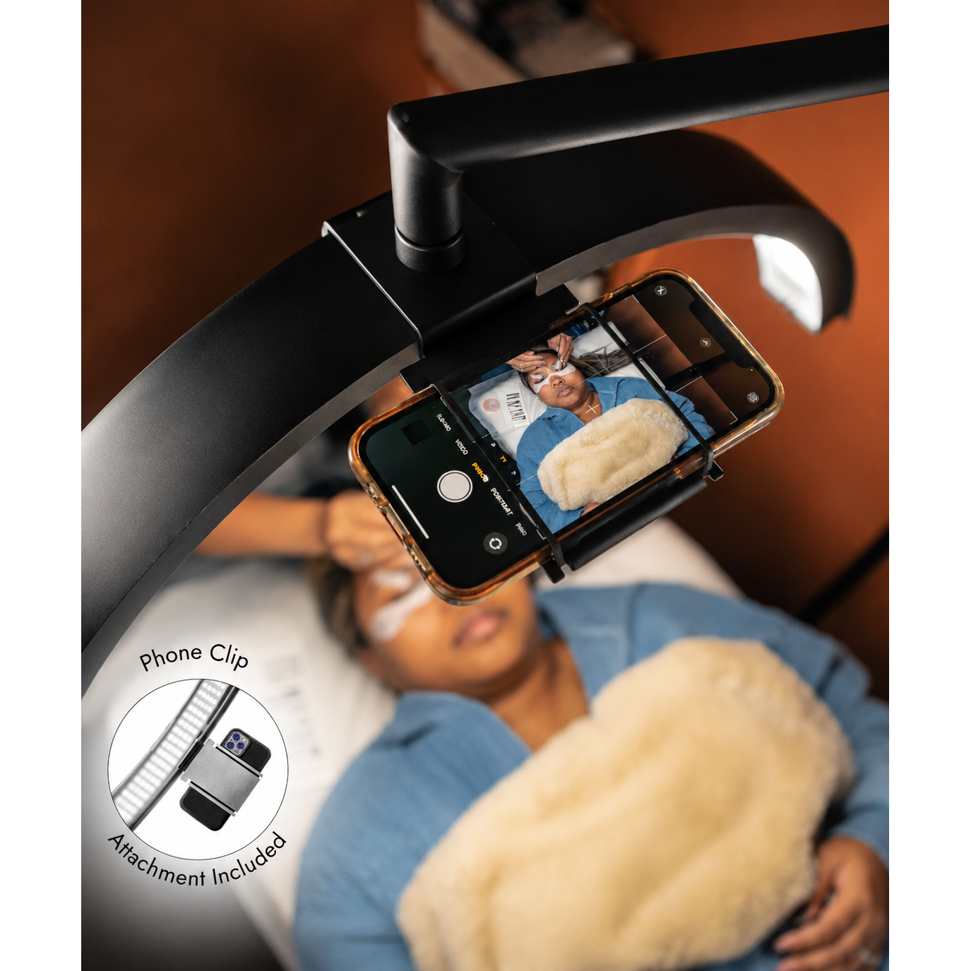 CosmoGlo custom phone clip for overhead hands-free content creation