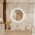 Round LED bathroom vanity mirror with dimmable lights by HAUSVITA, featuring a sleek design and adjustable illumination.