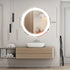Round LED bathroom vanity mirror with backlit and dimmable lights, showcasing modern design and illuminated reflection.