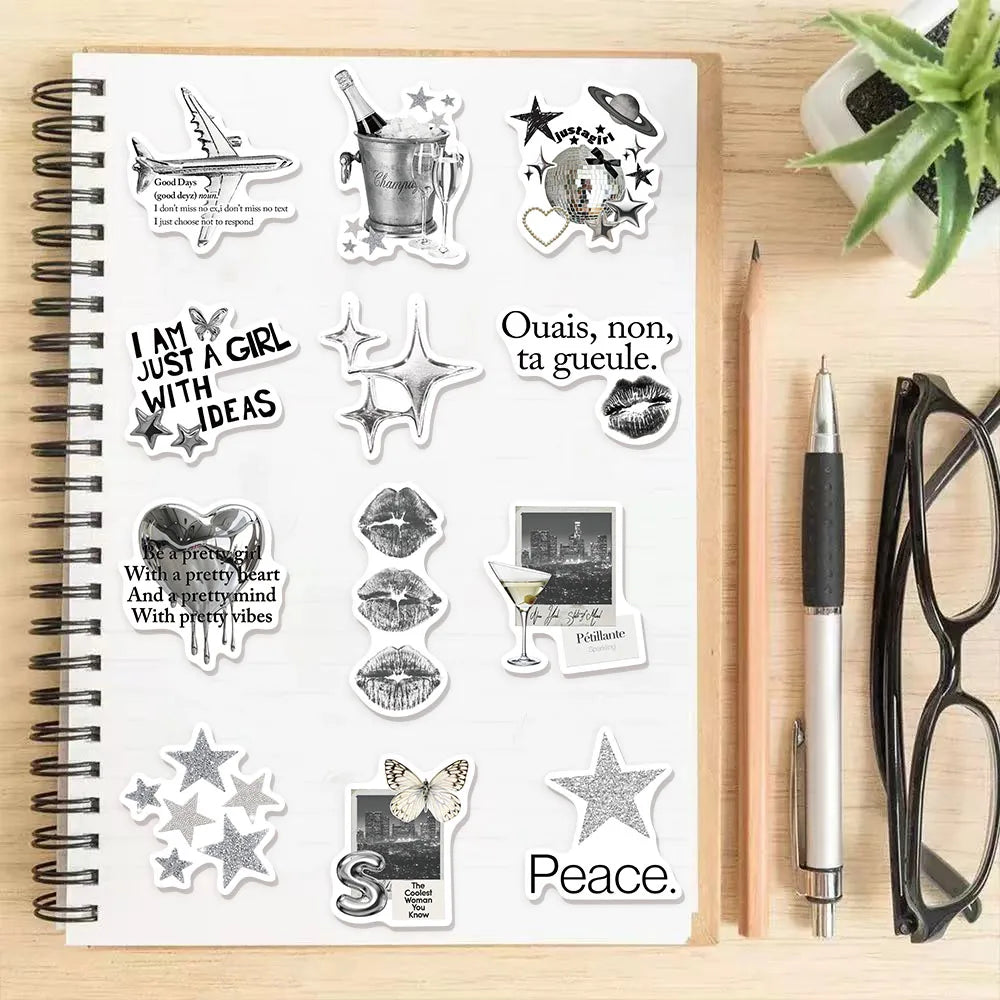 50PCS Silver Lucky Aesthetic Creative Graffiti Stickers DIY Manual - CosmoGloⓇ