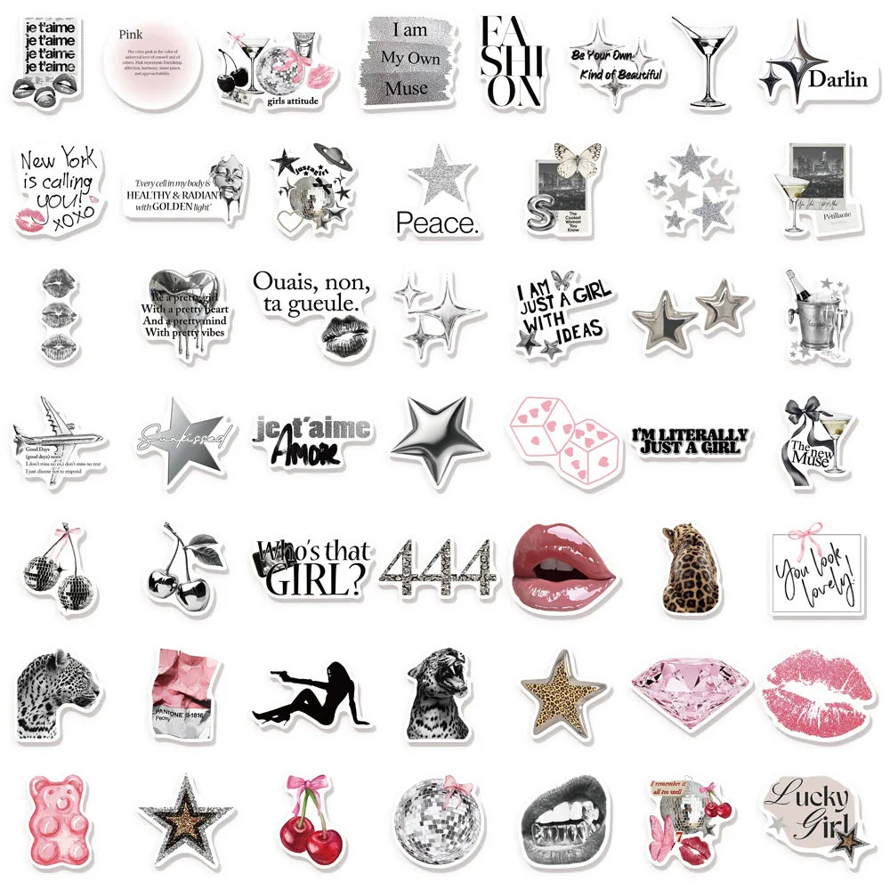 50PCS Silver Lucky Aesthetic Creative Graffiti Stickers DIY Manual - CosmoGloⓇ