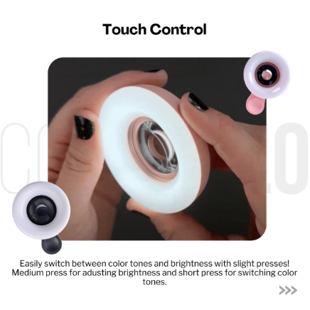 CosmoGlo Mini Ring Light Macro Lens accessory for smartphones, featuring a small, circular LED light for enhanced close-up photography.