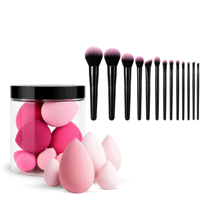 pink beauty blender sponges and black pink makeup brush set