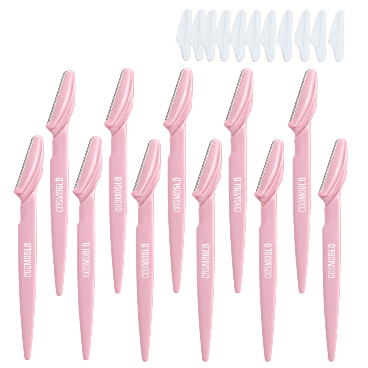 Twelve pink manual facial and body shavers with silver metal blades, arranged in two rows on a white background, with six additional white replacement blades shown at the top right. The handles are printed with the brand name &