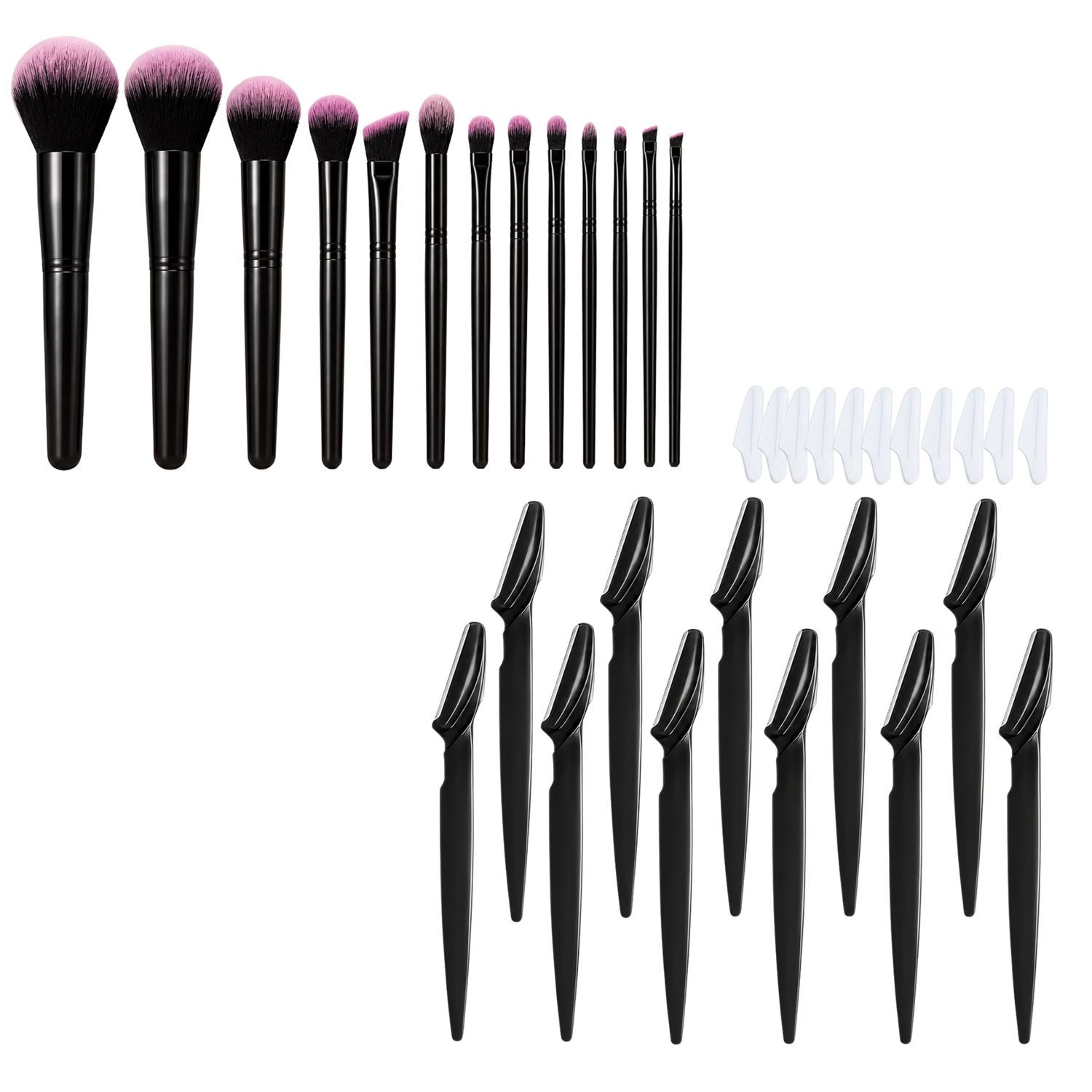 A 24-piece makeup brush set with black handles and pink bristles, arranged in rows on a white background, alongside 12 clear plastic nail guides.