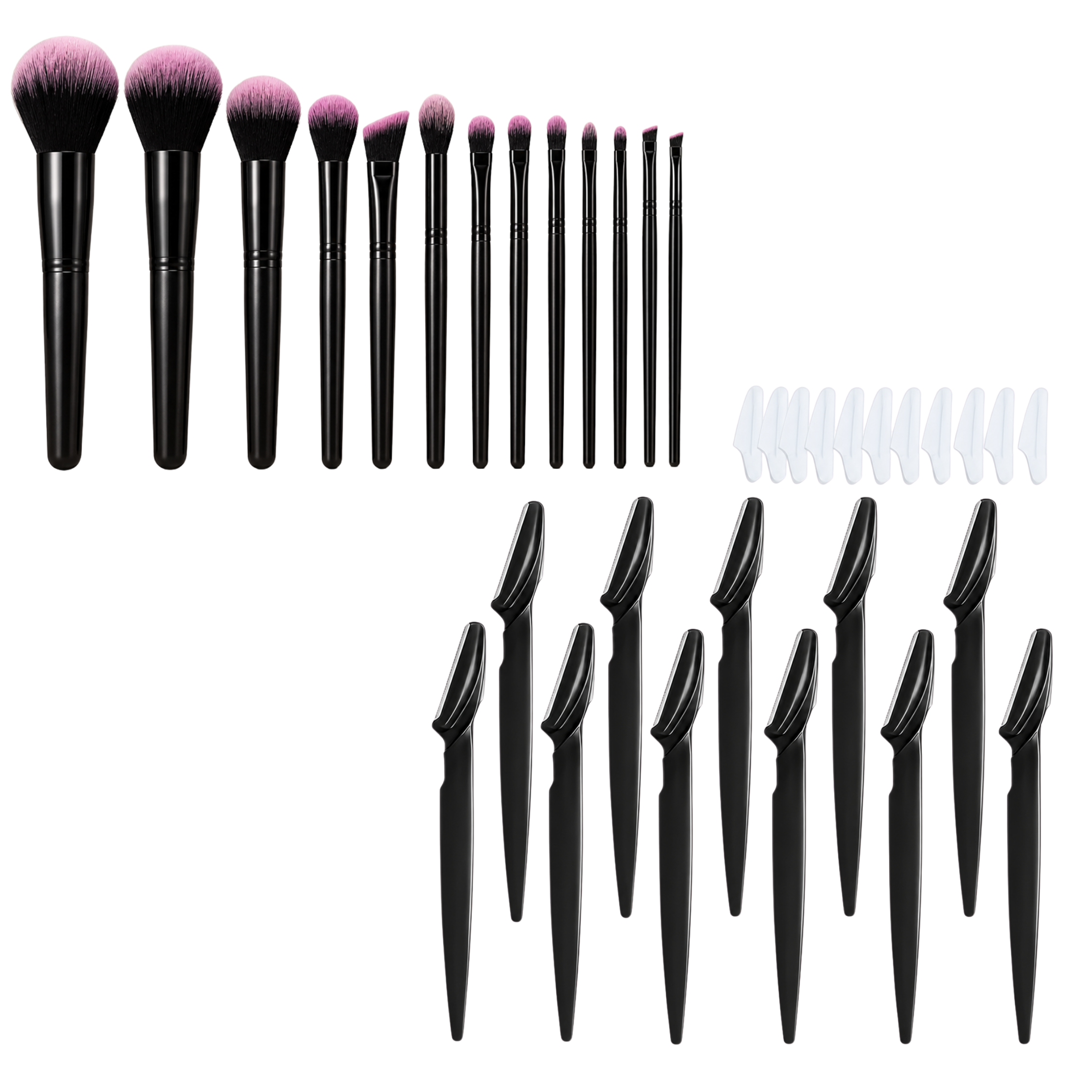 A 24-piece makeup brush set with black handles and pink bristles, arranged in rows on a white background, alongside 12 clear plastic nail guides.