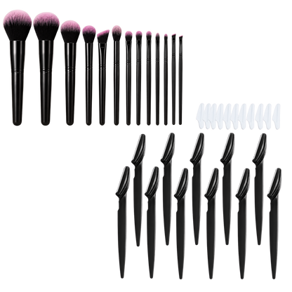 A 24-piece makeup brush set with black handles and pink bristles, arranged in rows on a white background, alongside 12 clear plastic nail guides.