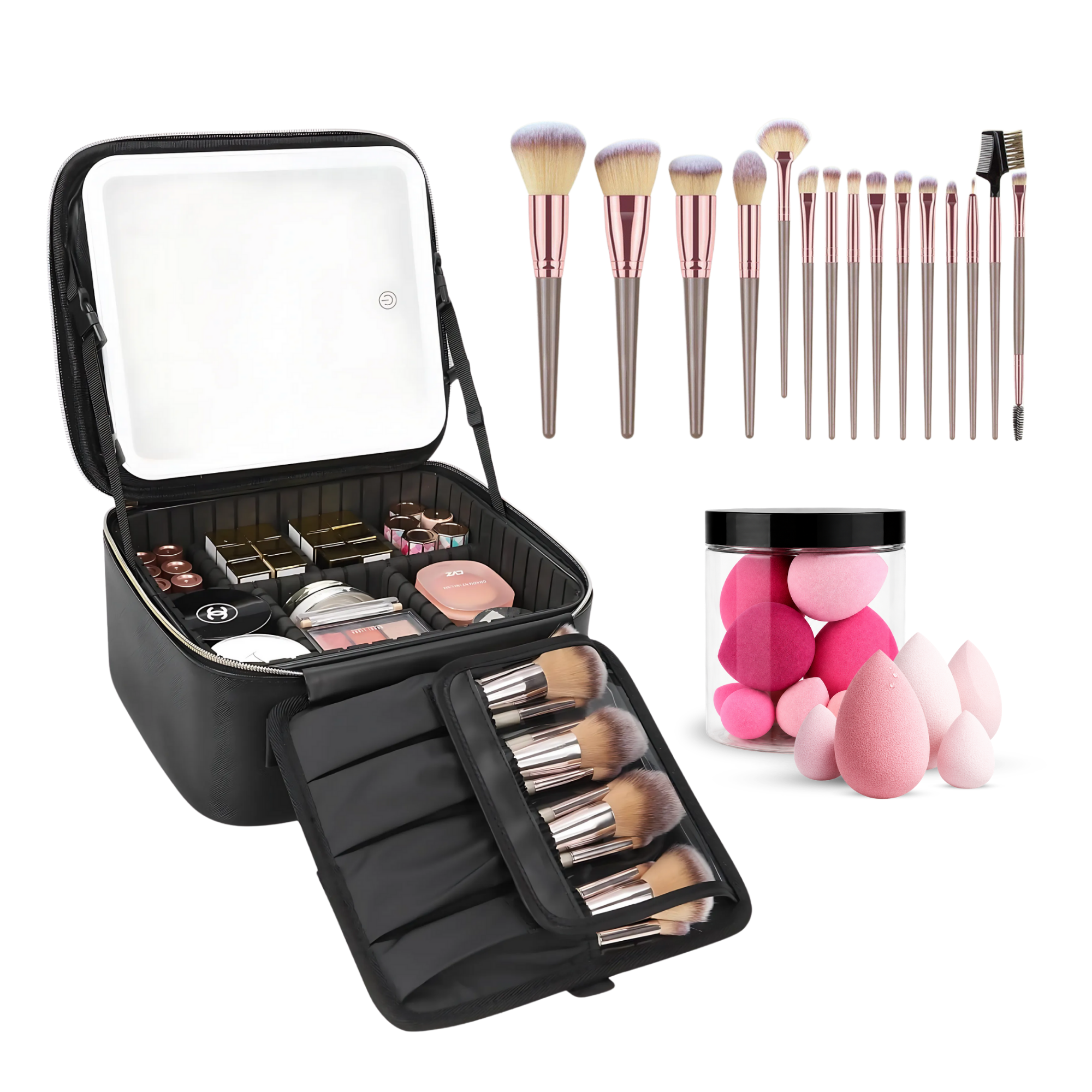 CosmoGloⓇ lighted makeup case with built-in mirror, brushes, and sponge bundle for organized beauty essentials.