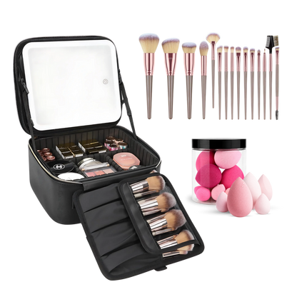 CosmoGloⓇ lighted makeup case with built-in mirror, brushes, and sponge bundle for organized beauty essentials.