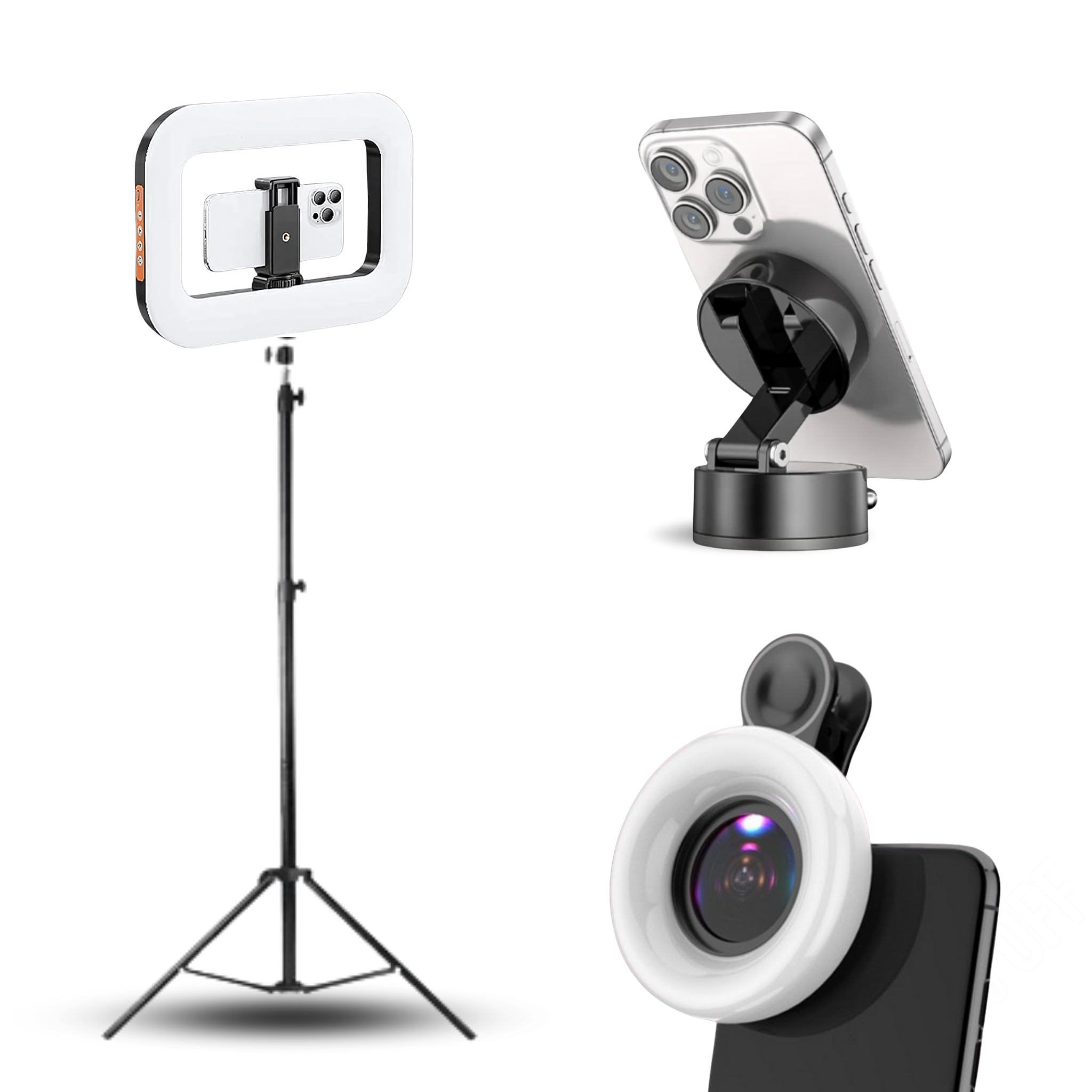 Set of phone accessories including a ring light, stand, and phone holder on a white background