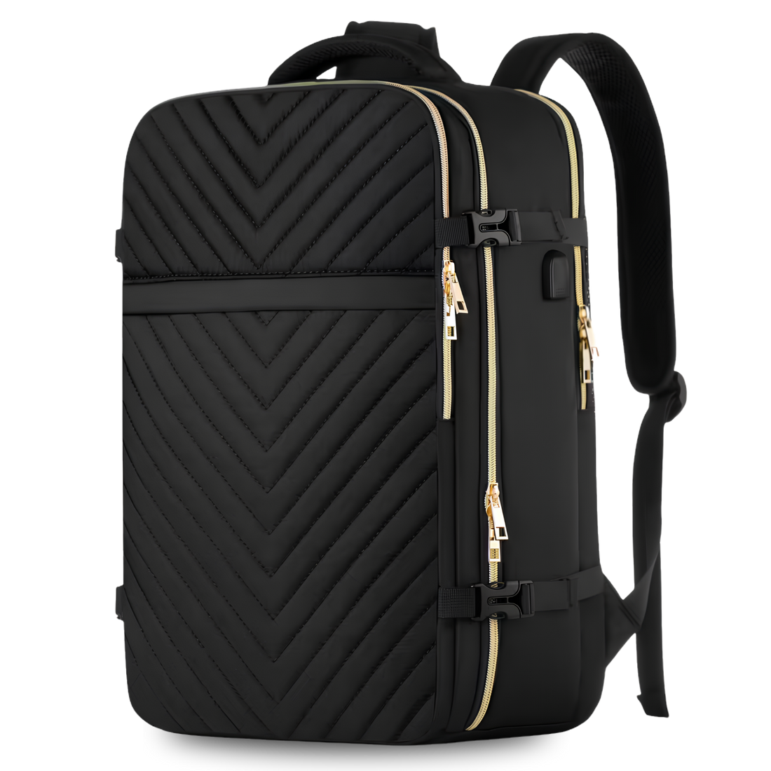 Black CosmoGloⓇ Overnight Carry-On Backpack, accessories bag with multiple compartments and padded straps for travel convenience.