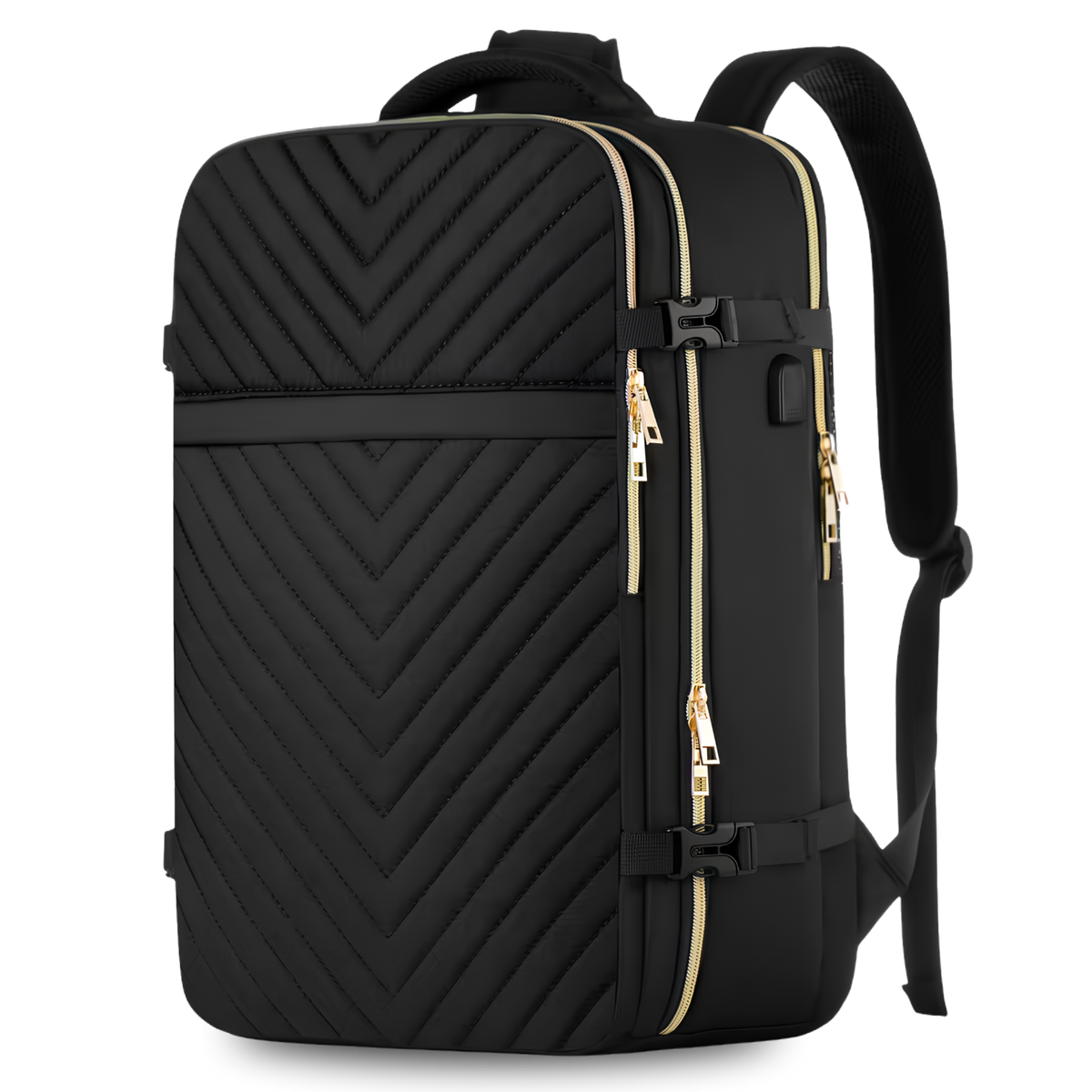 A black overnight travel backpack with a quilted chevron pattern, featuring gold-tone zippers and trim, shown on a clean white background.