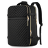 A black overnight travel backpack with a quilted chevron pattern, featuring gold-tone zippers and trim, shown on a clean white background.