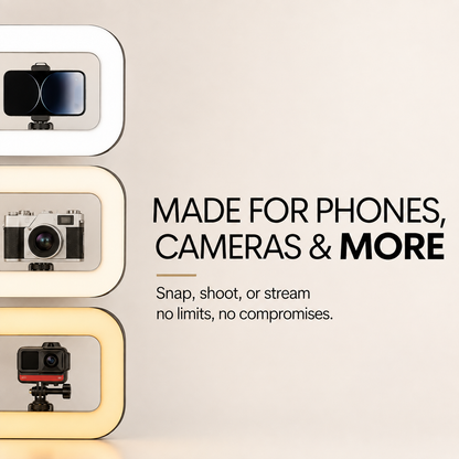 Promotional graphic for a phone camera ring light, showing three illuminated ring styles on the left and bold text on the right reading &